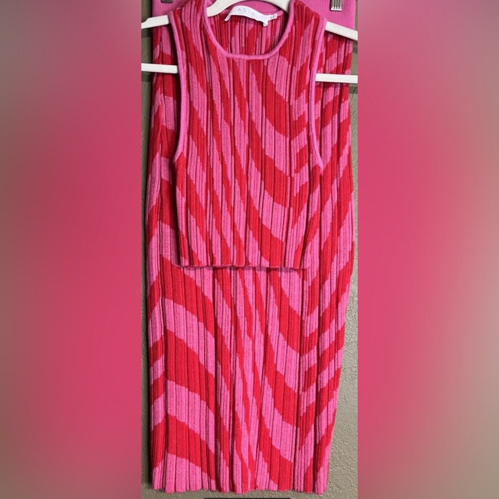 ASTR THE LABEL Anthropologie Alana Knit Stretch Pink Red Sleeveless Skirt Set